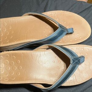 Vionic Tan Footbed with Navy Straps Wedge Flip Flops